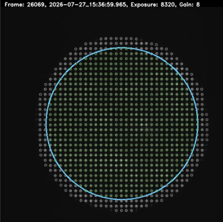 Centroid fit — accepted spots inside the fitted pupil circle in green, rejected in white.