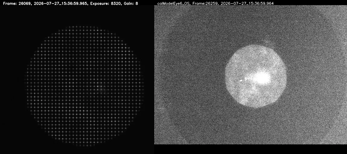 Left: Shack–Hartmann spot grid on the wavefront camera. Right: a model-eye calibration capture on the pupil camera.